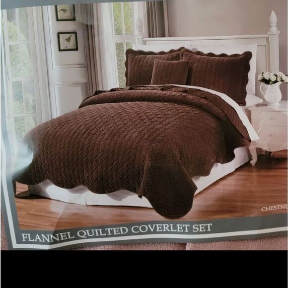 SERENTA- Chestnut Colored Flannel Quilted Coverlet Set- King Size - Picture 1 of 5